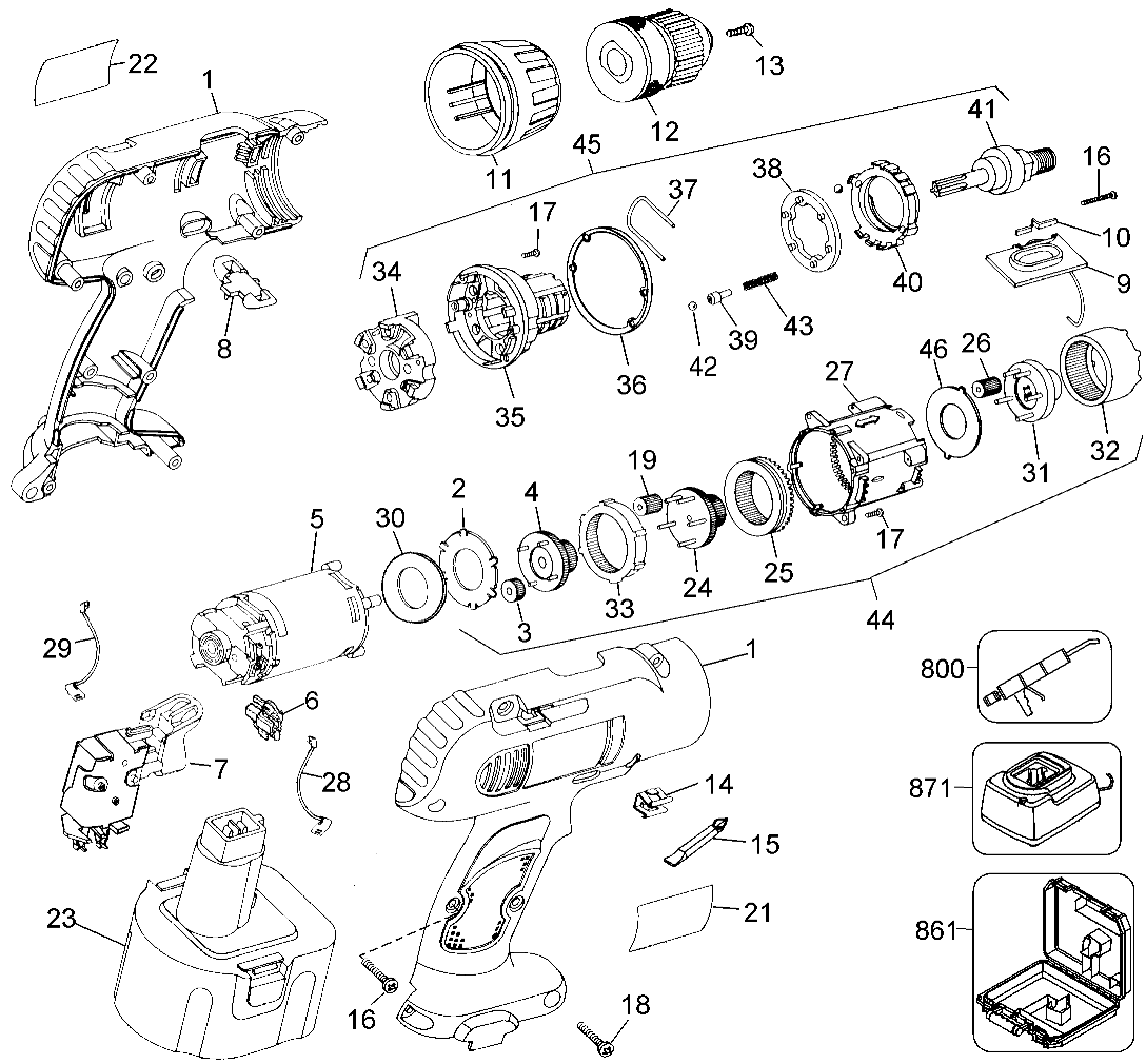Default Diagram and Parts List for 2895K Type 1 Black and Decker Boring Machine